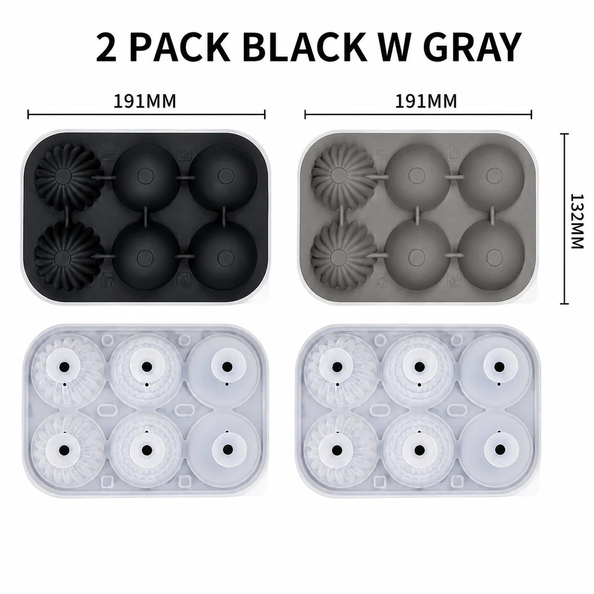 Large Whiskey Ice Ball Mold – 6 Cavity Sphere & Diamond Silicone Silicone Ice Ball Mold Axl 2 Pack Black w Gray