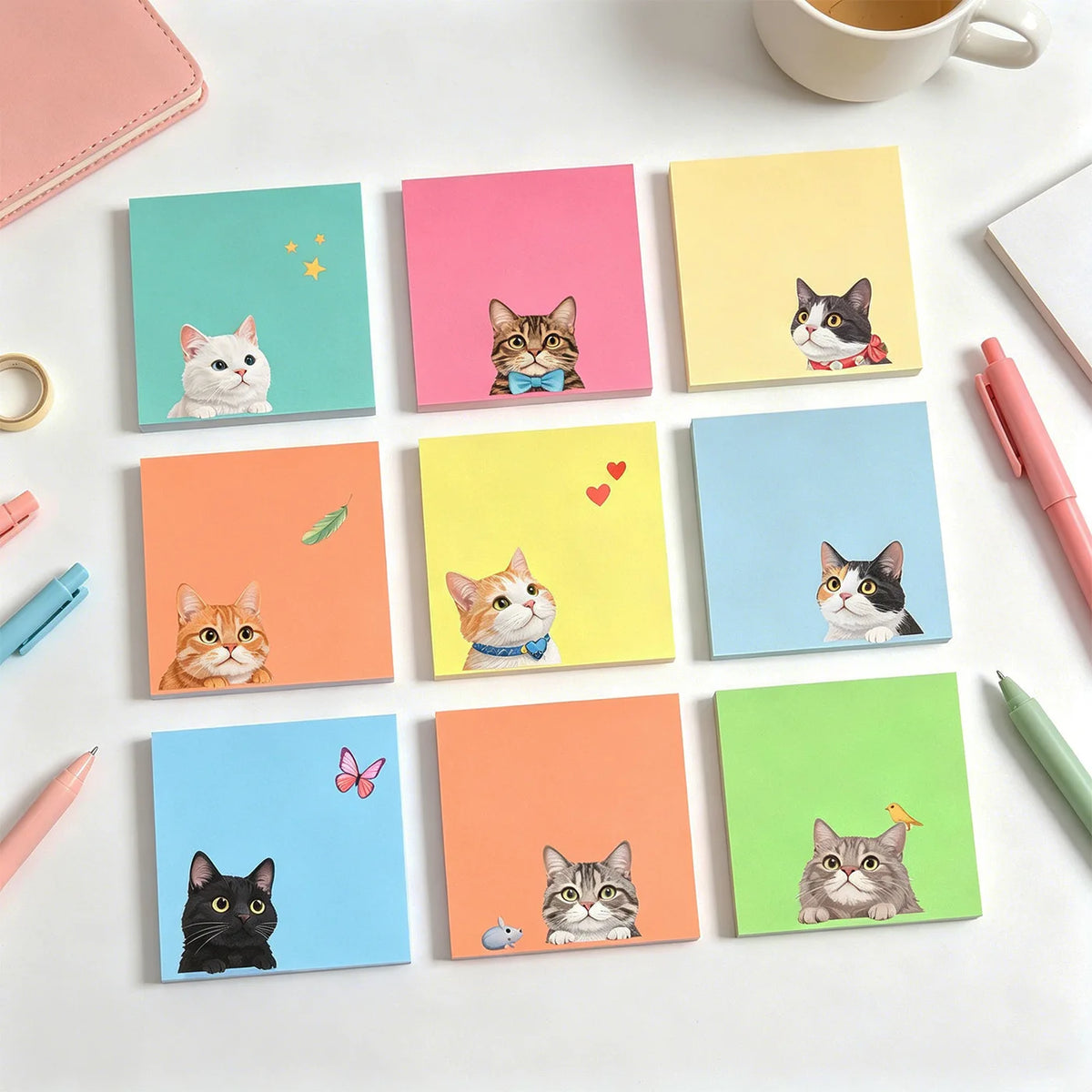 Kawaii Animal Sticky Notes Set – Cute Memo Pads for Journaling Kawaii Sticky Notes Axl Colorful Cat-9pcs