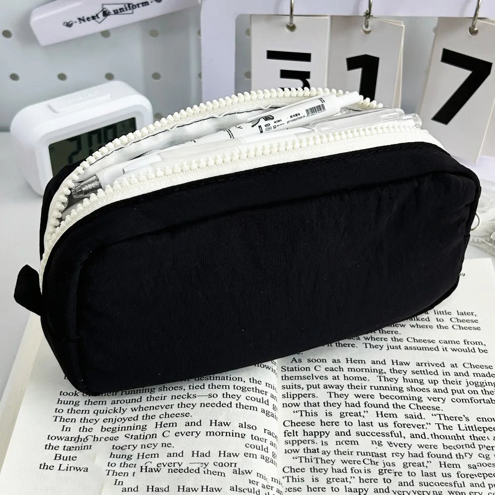 Large Capacity Pencil Pen Bag – Zipper Fabric Stationery Organizer Pencil Case Axl Black White