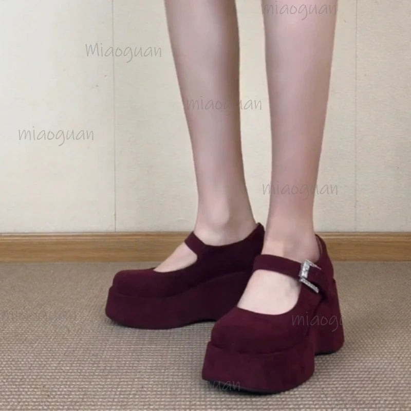 Women's Platform Mary Jane Wedge Pumps | Faux Suede Buckle Wedge Platform Pumps Axl