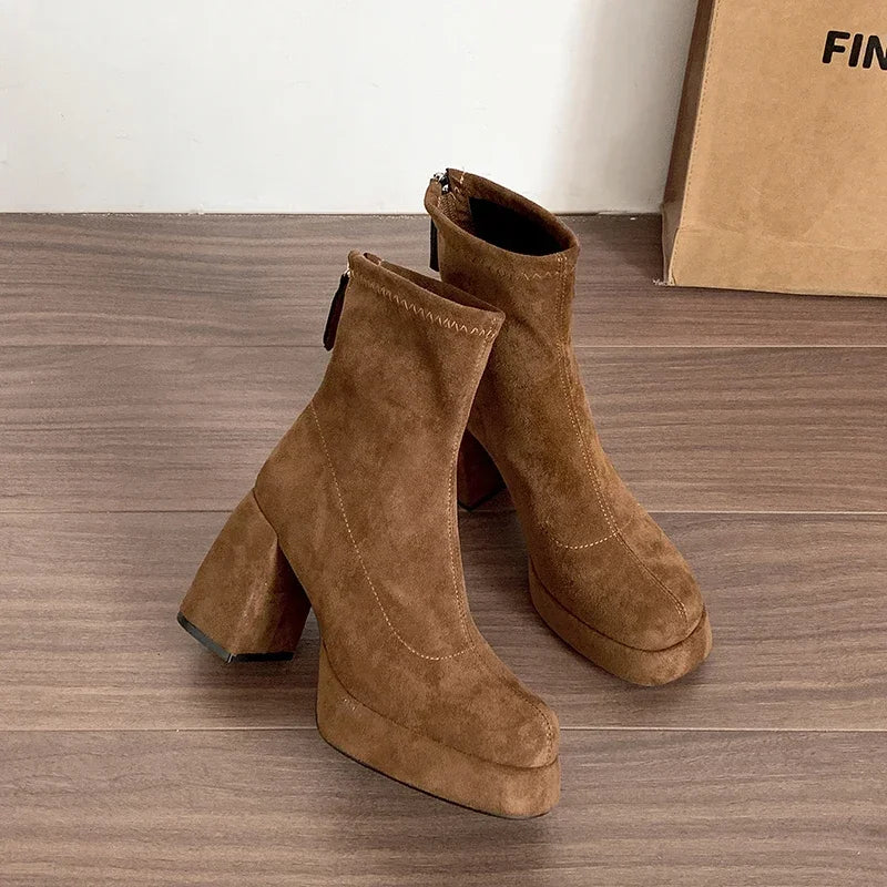 Women's Square Heel Ankle Boots – Warm Winter Short Booties Ankle Boots Axl Camel 36