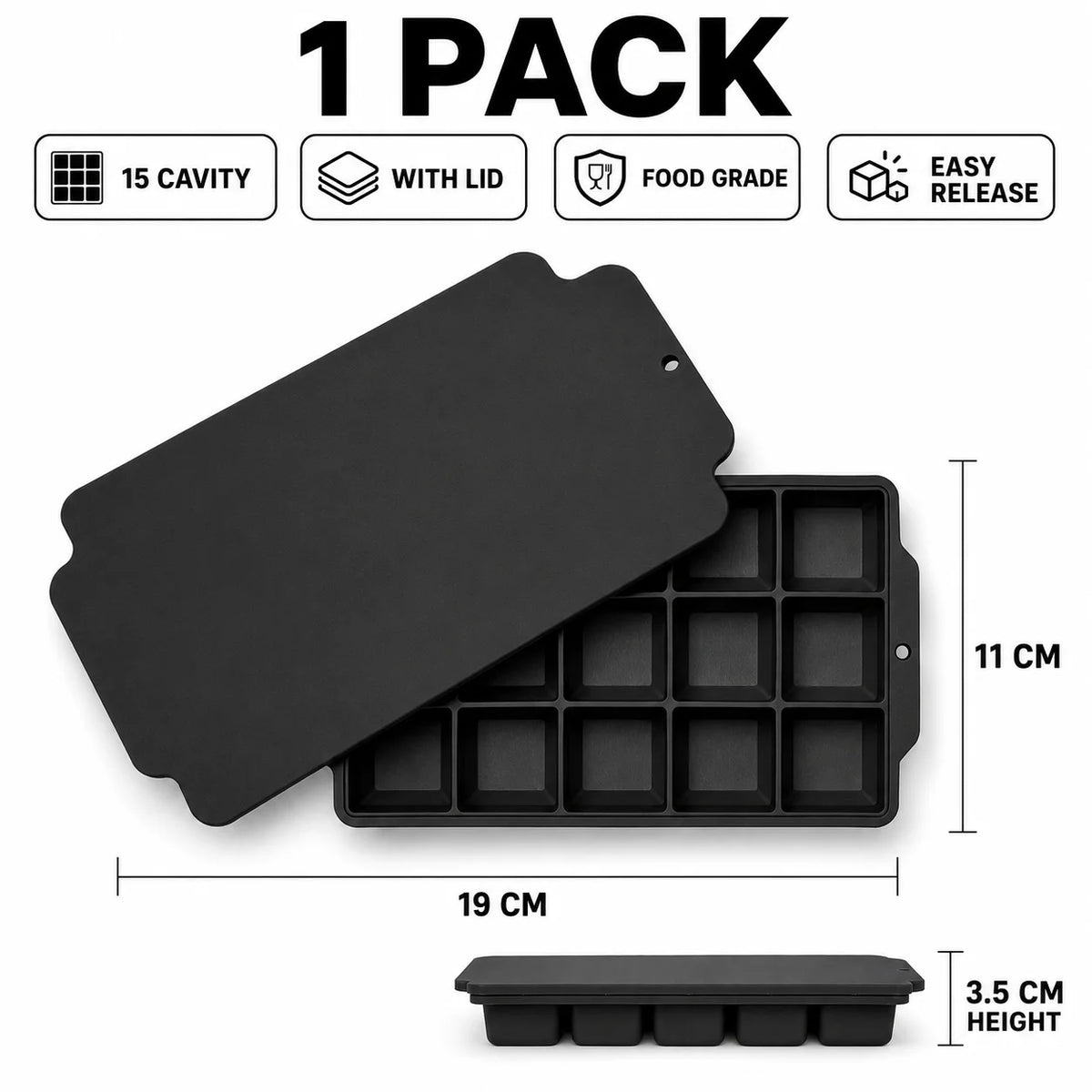 15-Grid Silicone Ice Cube Tray with Lid | Large Square Ice Mold Silicone Ice Cube Tray Axl 1 Pack Black