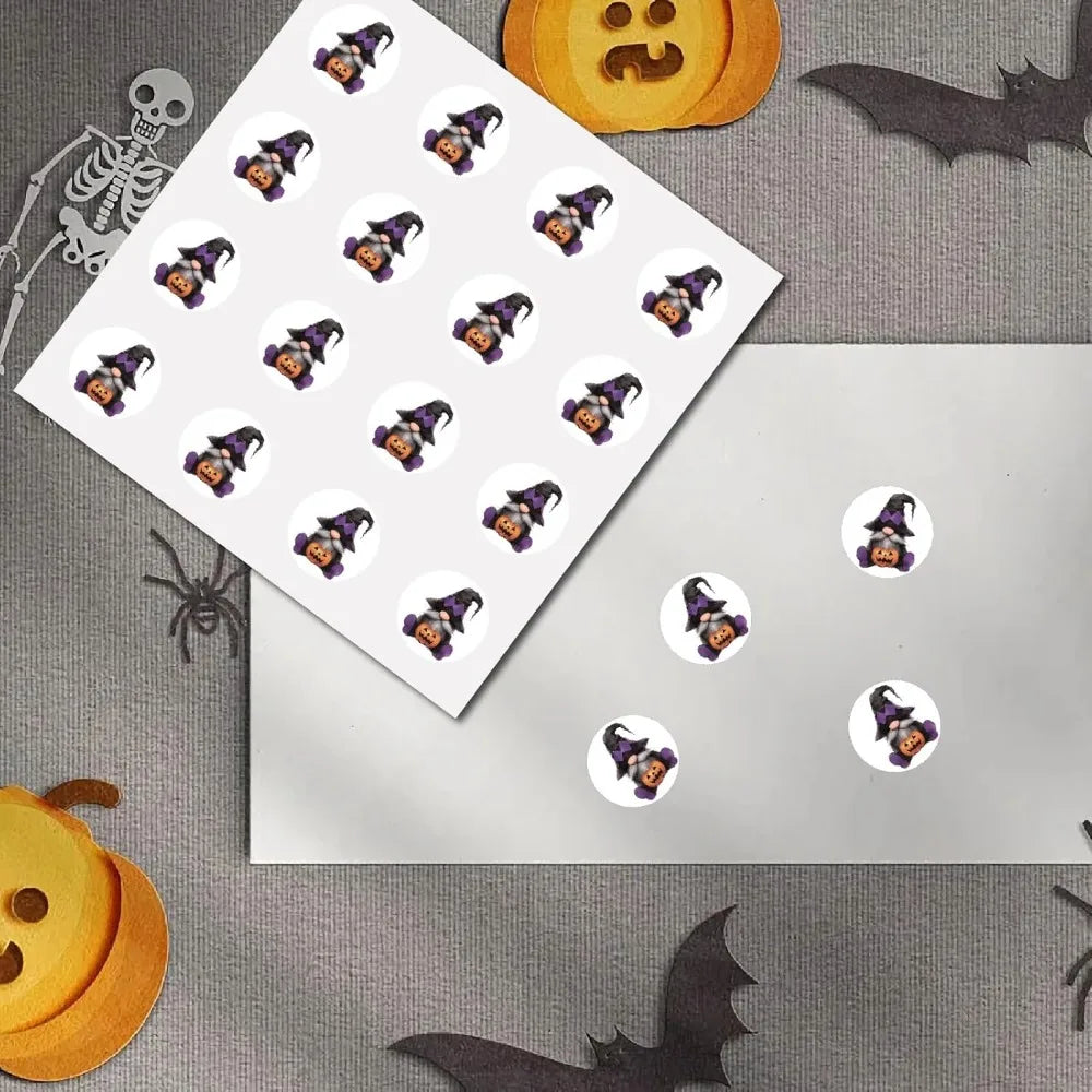 128 Halloween Witch & Pumpkin Waterproof Round Stickers – 4 Sheets Halloween Sticker Set Axl
