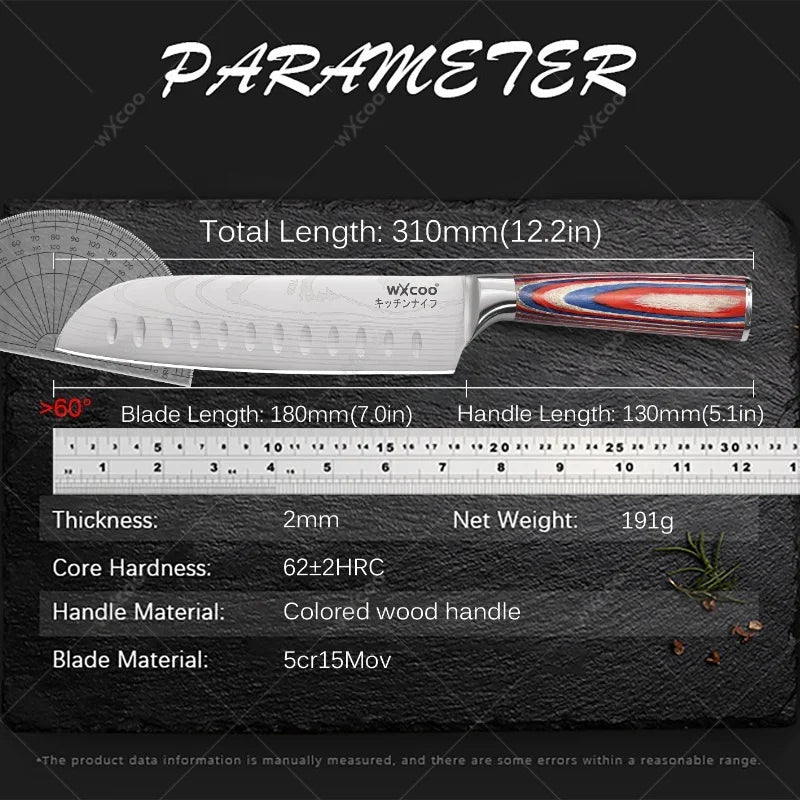 WXCOO Damascus Santoku Knife & Peeler Set – Wood Handle Kitchen Knife Set Axl
