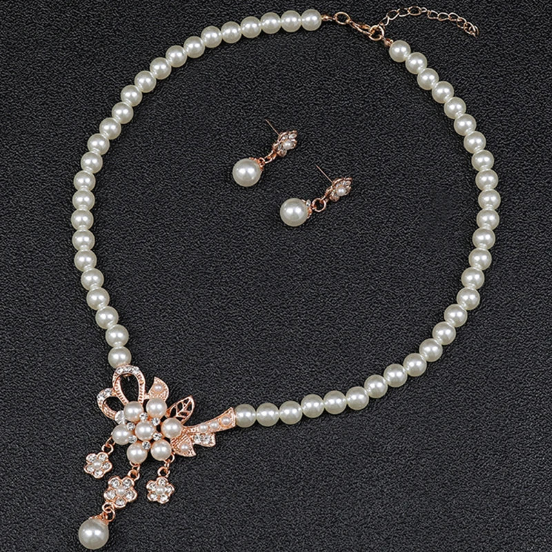 Women's Faux Pearl Rhinestone Flower Necklace & Earring Set Jewelry Set Axl