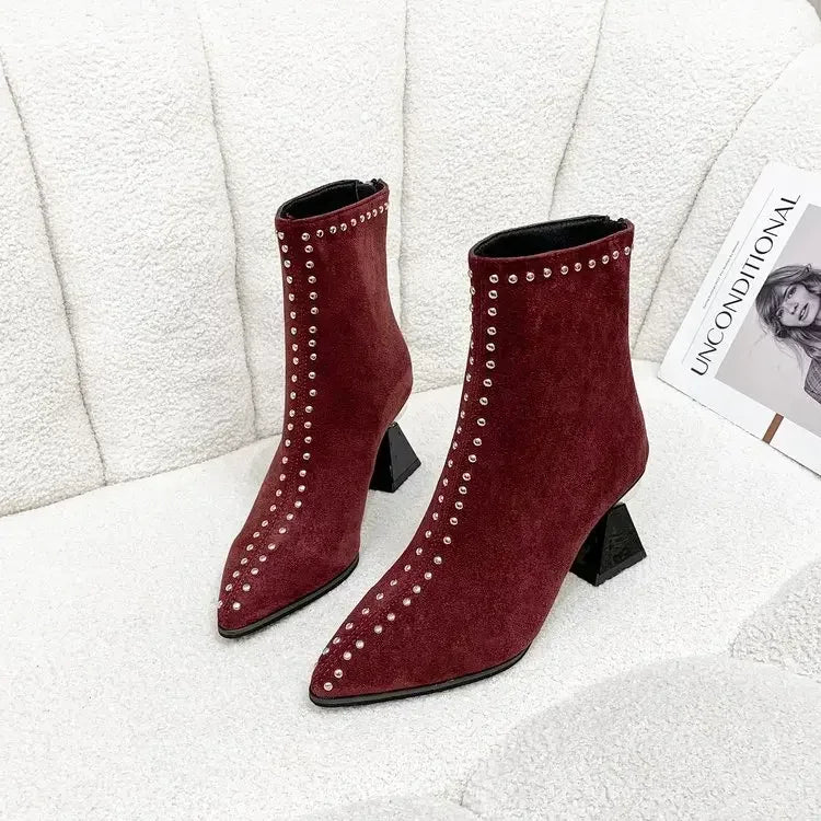 Women's Punk Ankle Boots Pointed Toe Spike Heel Back Zip Ankle Boots Axl 42 Wine red