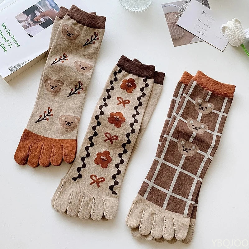Women's Five Toe Mid Tube Cotton Socks – 3 Pairs, All Season Women's Toe Socks Axl 3 pairs of coffee size 36-40