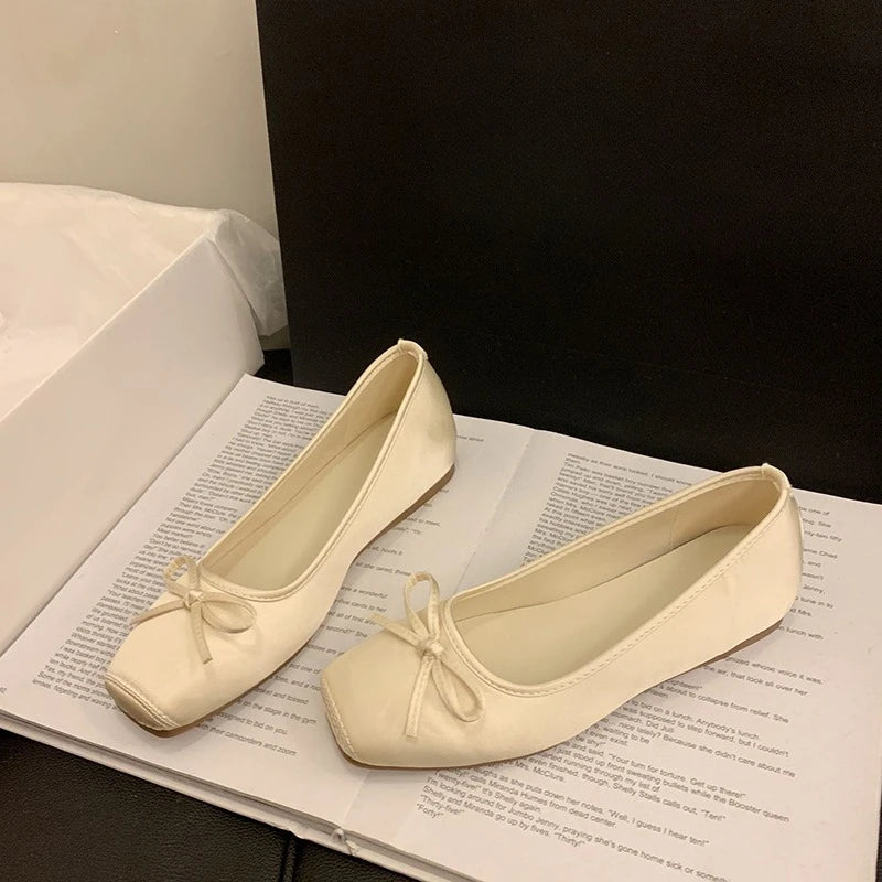 Women's Square Toe Ballet Flats – Bow Slip-On Dress Shoes Ballet Flats Axl Beige 35