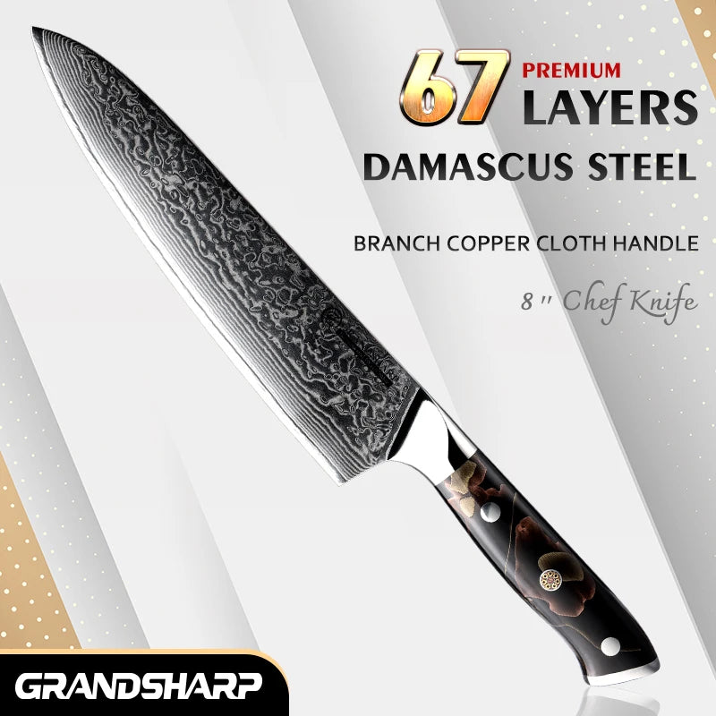 Grandsharp 8" 67-Layer Damascus Steel Chef Knife – Copper Handle Damascus Chef Knife Axl