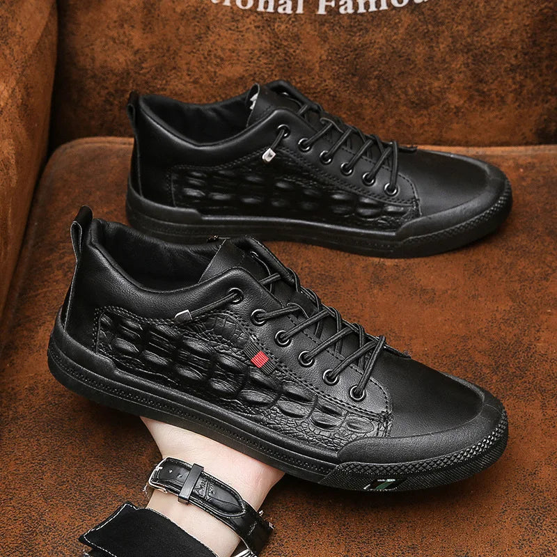 Men's White Vulcanized Casual Flat Sneakers | Lace-Up Board Shoes Men's Casual Sneakers Axl