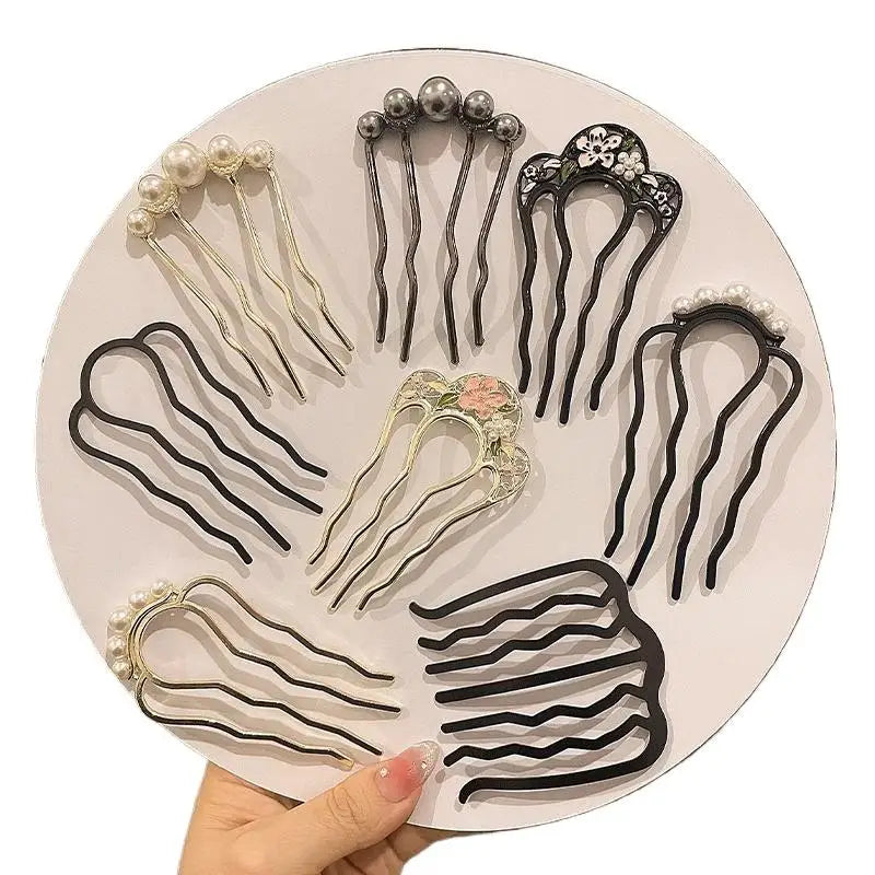 Metal U-Shaped Hair Fork Comb with Pearl Tassel Hair Stick Hair Fork Comb Axl