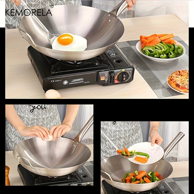 KEMORELA Stainless Steel Wok Uncoated 26–34cm | Double Handle Stainless Steel Wok Axl