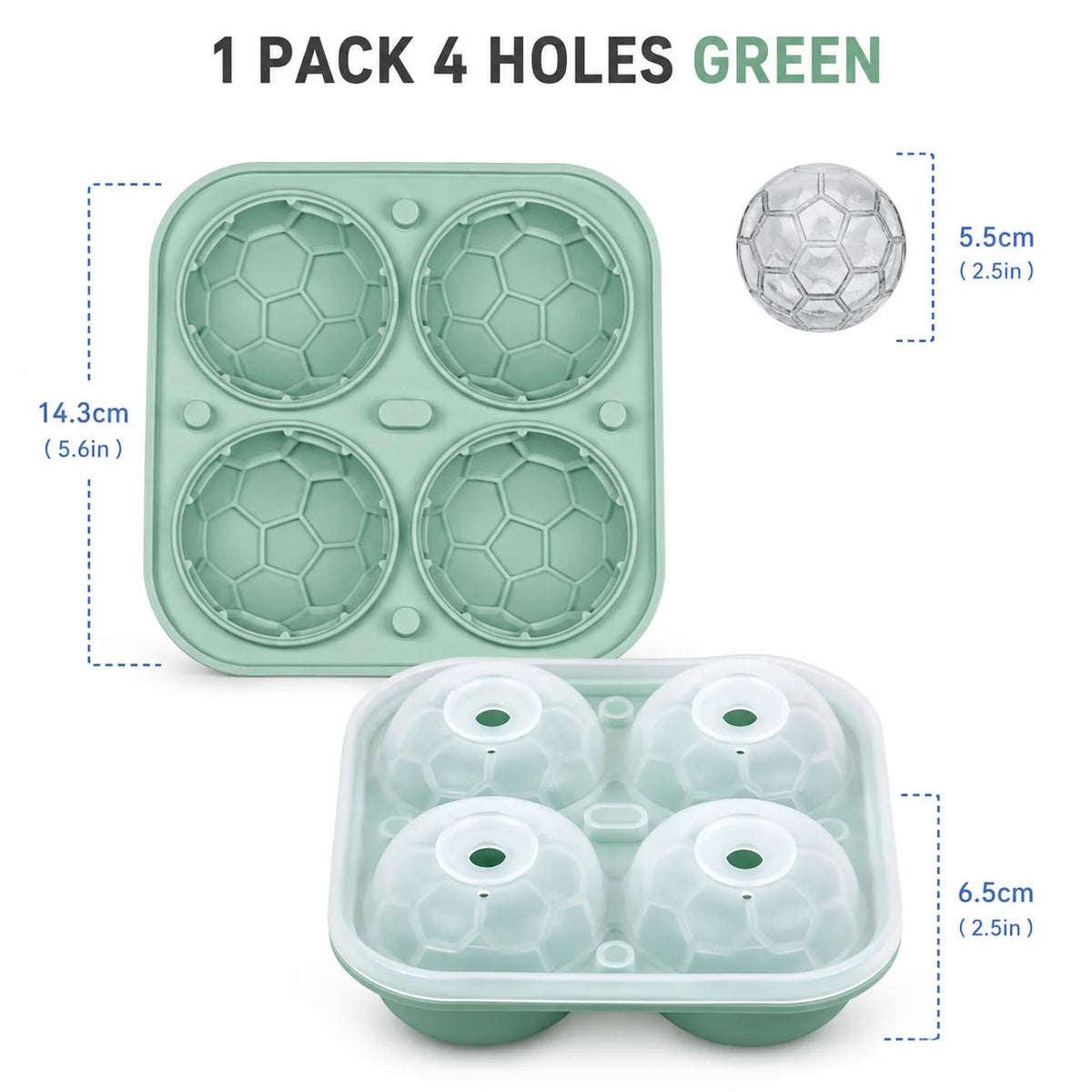 3D Soccer Ball Silicone Ice Mold – 9-Cavity Football Sphere Tray Silicone Ice Mold Axl 1 PACK 4 Holes Green