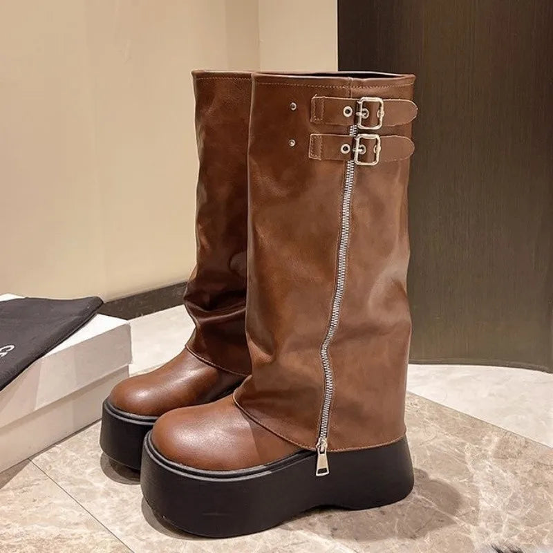 Women's Tassel Motorcycle Boots – Retro Gothic Mid-Calf Heels Motorcycle Boots Axl Dark Brown 35