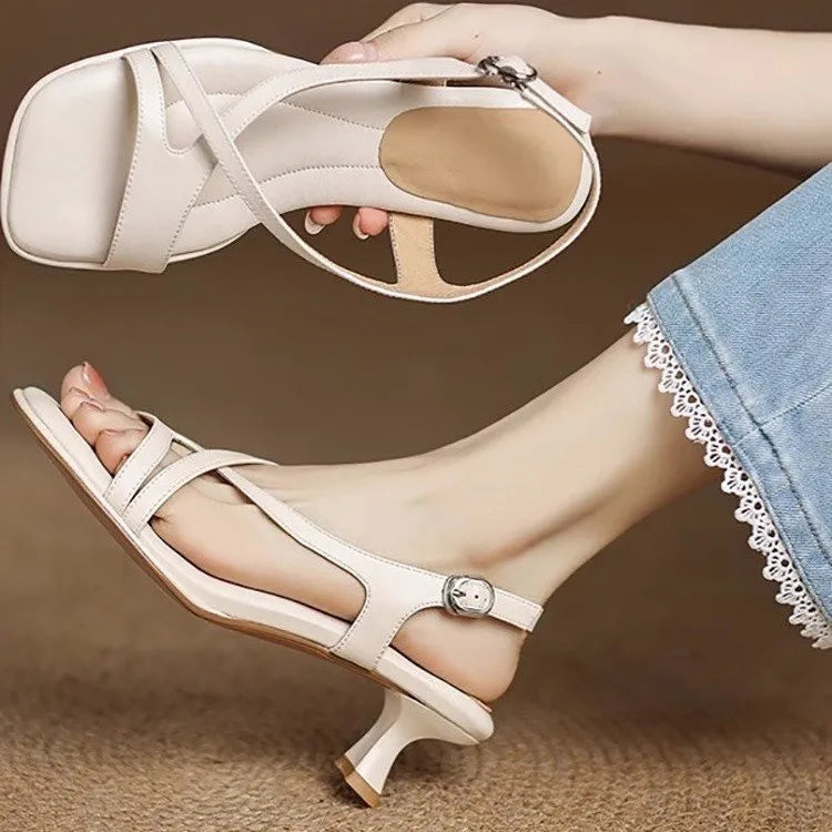 Women's Square Toe Cross Strap Low Heel Buckle Sandals Low Heel Sandals Axl 38 WHITE