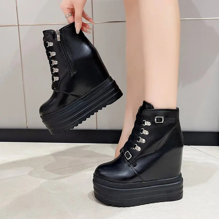 Women's 6CM Platform Wedge Ankle Boots – Metal Buckle Strap Platform Wedge Boots Axl Black 41