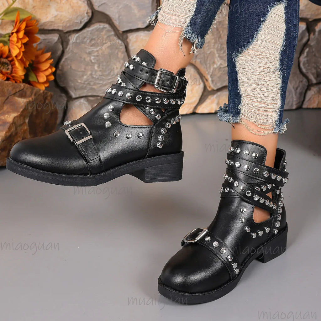 Women's Punk Ankle Boots – Black Rivet Buckle Strap Square Heel Women's Ankle Boots Axl