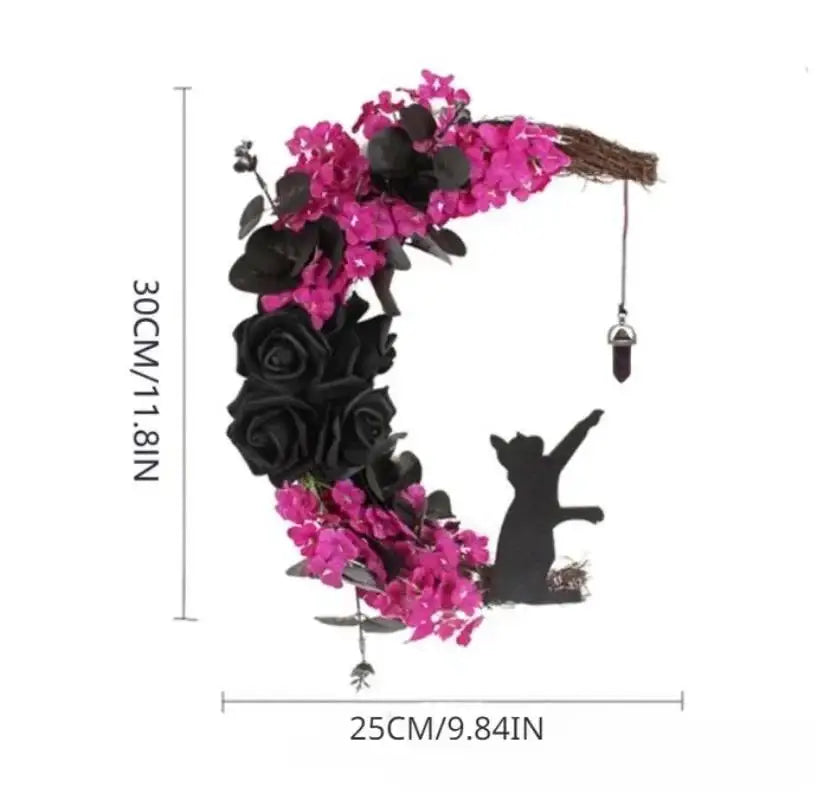 Halloween Black Cat Moon Wreath – Gothic Rose Front Door Decor Halloween Door Wreath Axl