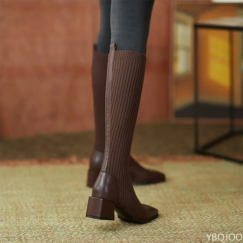 Women's Knee-High Sock Boots | Square Toe Block Heel Knee-High Sock Boots Axl