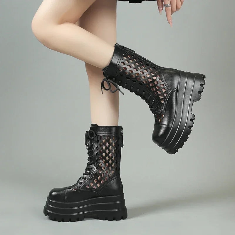 Women's Ankle Platform Wedge Boots – Lace-Up Openwork Style Platform Wedge Boots Axl