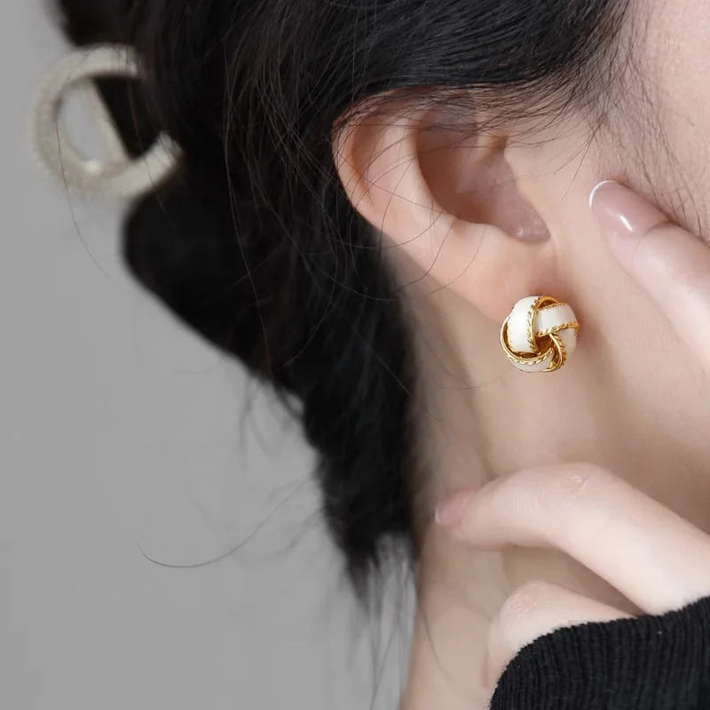 Huitan White Enamel Knot Stud Earrings – Gold Tone Women's Gift Stud Earrings Axl