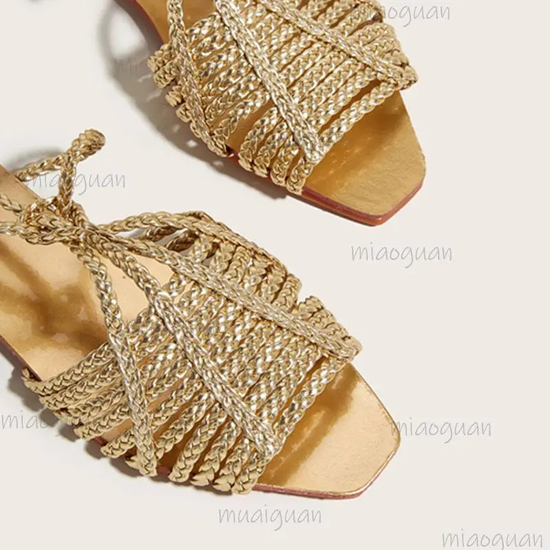 Women's Retro Cross-Tie Gladiator Flat Sandals – Gold Woven Gladiator Flat Sandals Axl