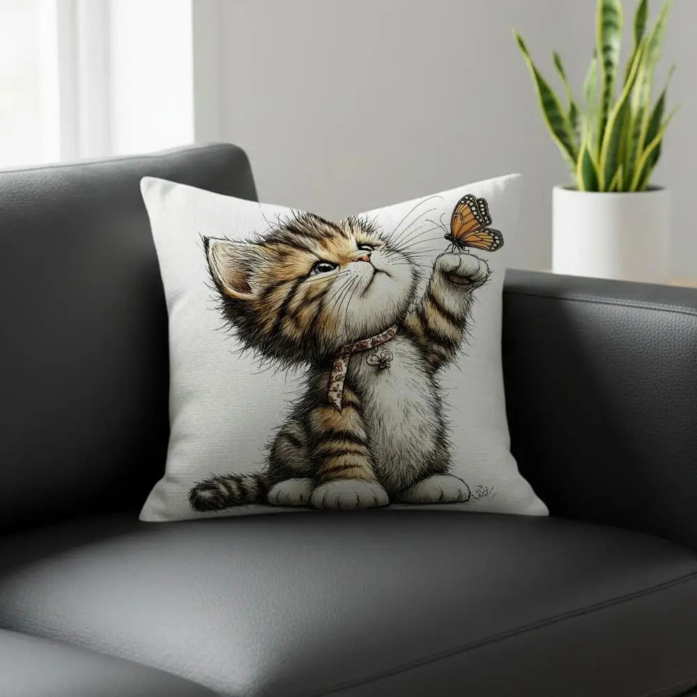 Whimsical Cat Linen Cushion Cover – Sofa, Bed & Chair Decor Decorative Cushion Cover Axl White9 30X30cm