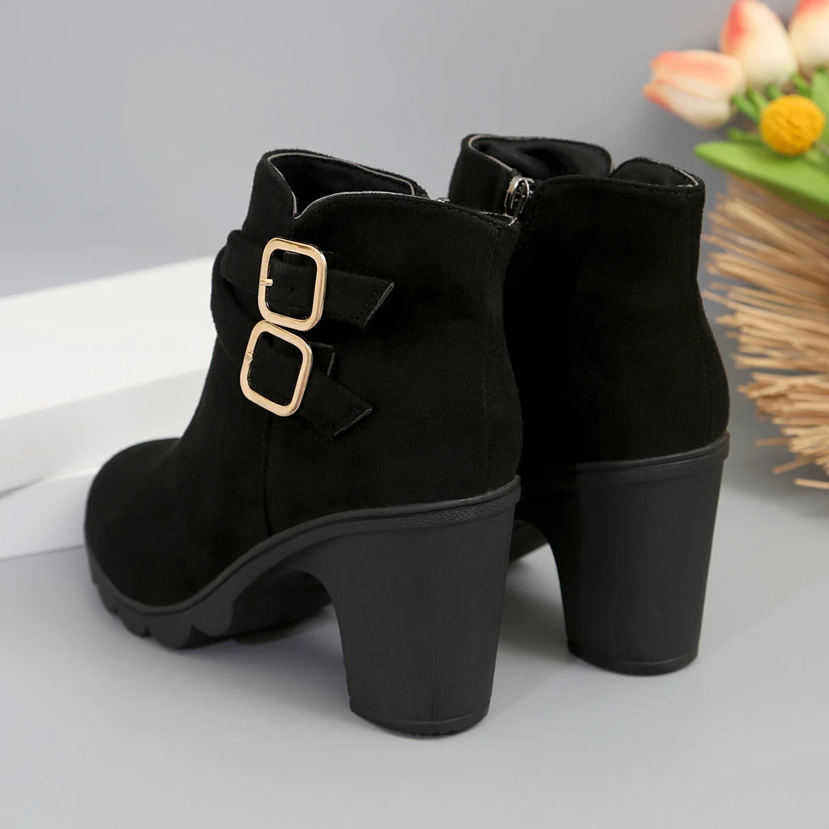 Women's Square Heel Ankle Boots – Faux Suede Winter Fashion Women's Ankle Boots Axl