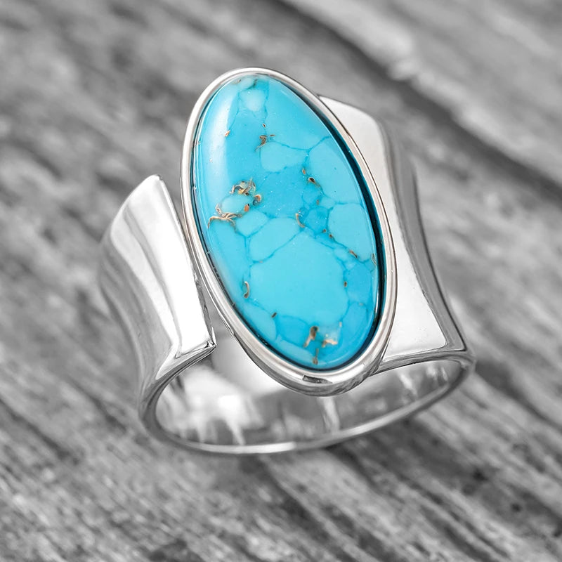 Huitan Bohemia Oval Blue Turquoise Adjustable Ring – Women Fashion Ring Axl T1375 resizable