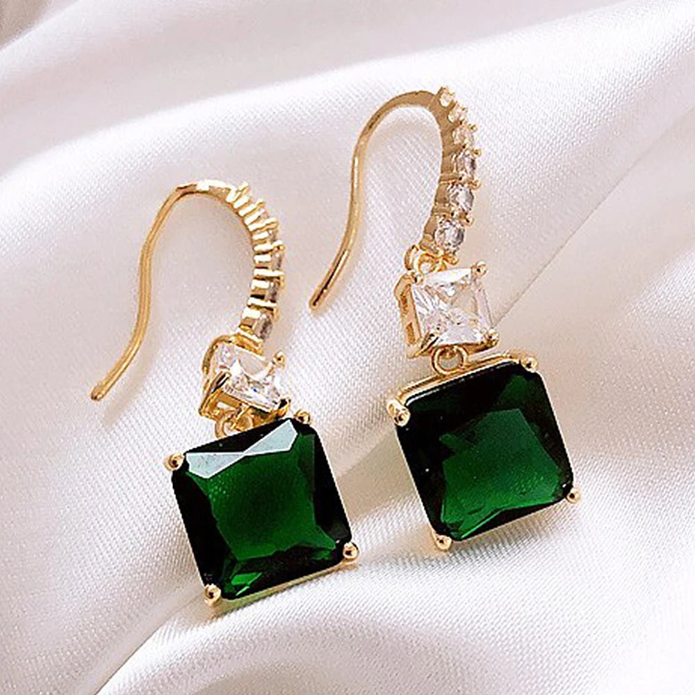Huitan Green CZ Gold Drop Earrings – Geometric Fashion Jewelry Drop Earrings Axl E2027