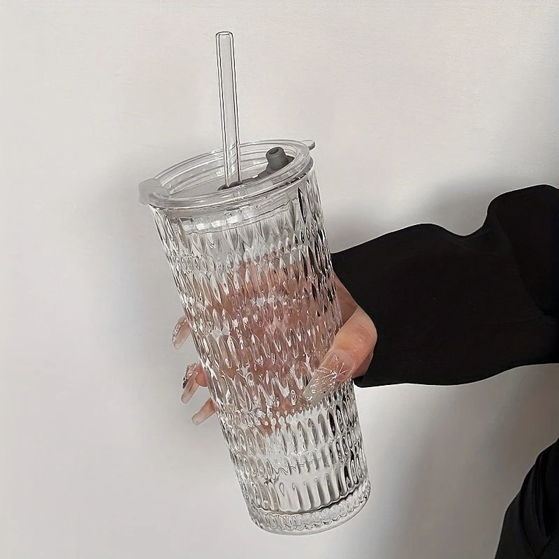 Crystal Grid Glass Tumbler with Straw & Lid | Large Capacity Glass Tumbler Axl Diamond 700ML