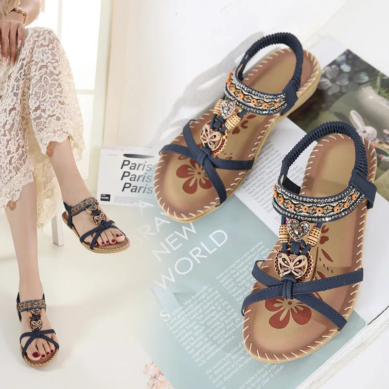 Women's Flower Rhinestone Flat Sandals | Open Toe Beach Shoes Flat Sandals Axl