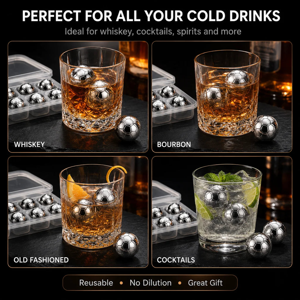 Soccer Ball Whiskey Stones – Steel Chilling Balls with Tongs Whiskey Chilling Stones Axl