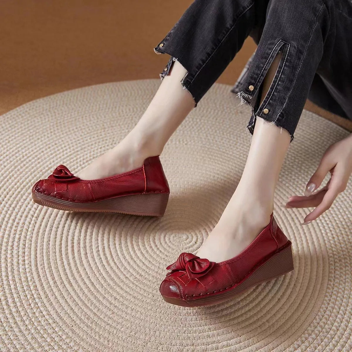 Women's Wedge Loafers – Bowknot Slip-On Pumps, Non-Slip Wedge Loafer Pumps Axl Burgundy 35