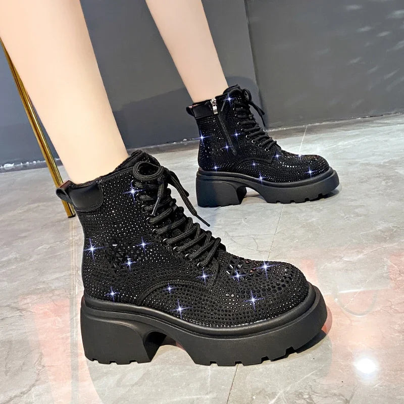 Women's Sequin Diamond Lace-Up Wedge Boots – MCDV Winter Women's Fashion Boots Axl