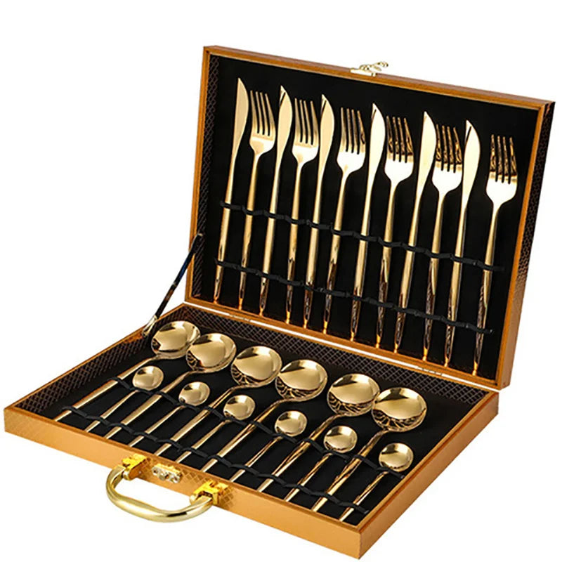 24-Piece Gold Stainless Steel Cutlery Set for 6 | Gift Box Flatware Cutlery Set Axl Golden box