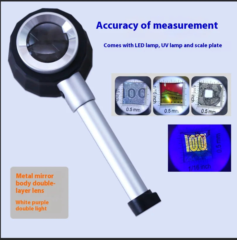 45X Handheld Magnifying Glass with LED & UV Light + Scale Handheld Magnifier Axl