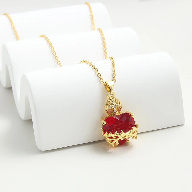 Jesus Cross Choker Necklace – Red Zircon Heart Pendant Women Pendant Necklace Axl