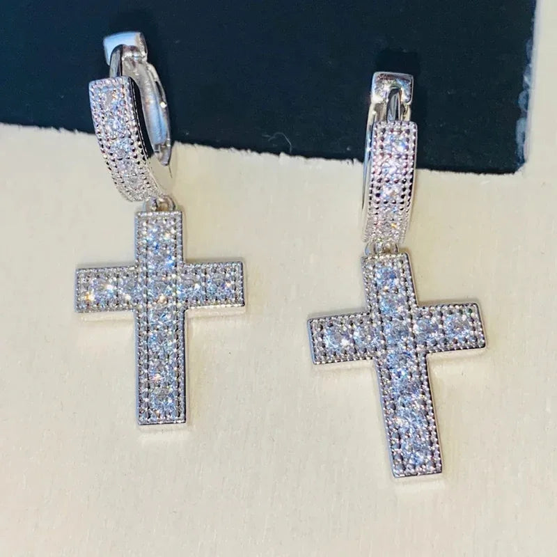 Huitan Crystal CZ Cross Dangle Earrings | Hip Hop Statement Crystal Drop Earrings Axl