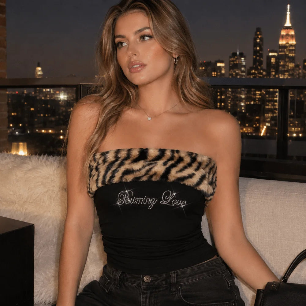 Y2K Crystal Letter Strapless Crop Top | Leopard Bandeau Bandeau Crop Top Axl