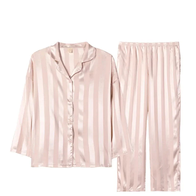 Women's Ice Silk Striped Pajama Set – Long Sleeve Sleepwear Women's Pajama Set Axl