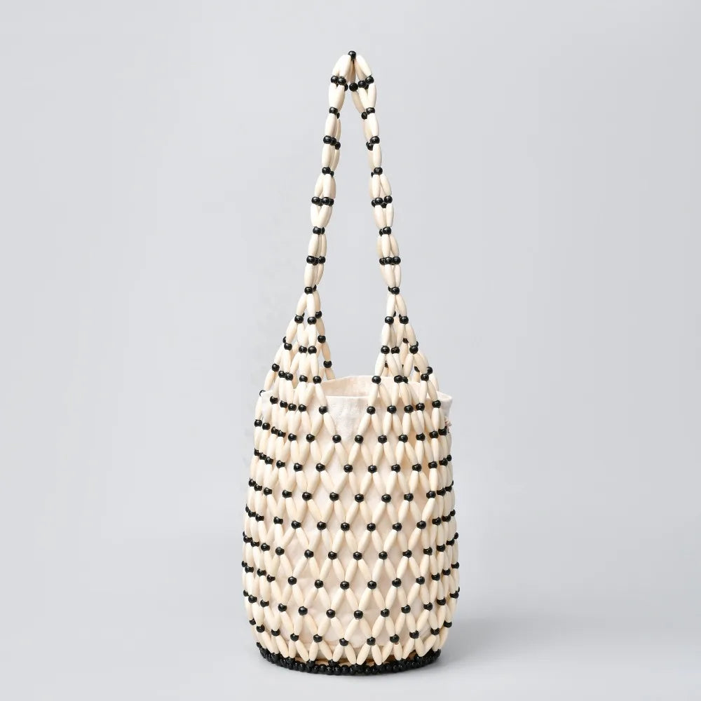Women's Woven Wooden Bead Tote Bag – Hollow-Out Bucket Shoulder Woven Tote Bag Axl White