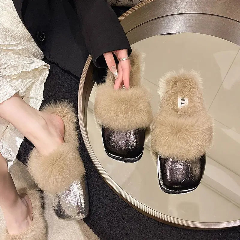 Women's Plush Flat Half Slippers – Warm Non-Slip Winter Shoes Plush Flat Slippers Axl