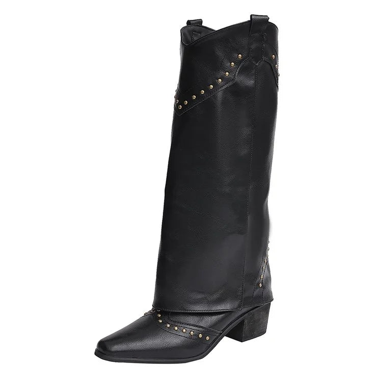 Women's Western Cowgirl Boots – Slip-On Square Heel Knee-High Western Cowgirl Boots Axl 38 black