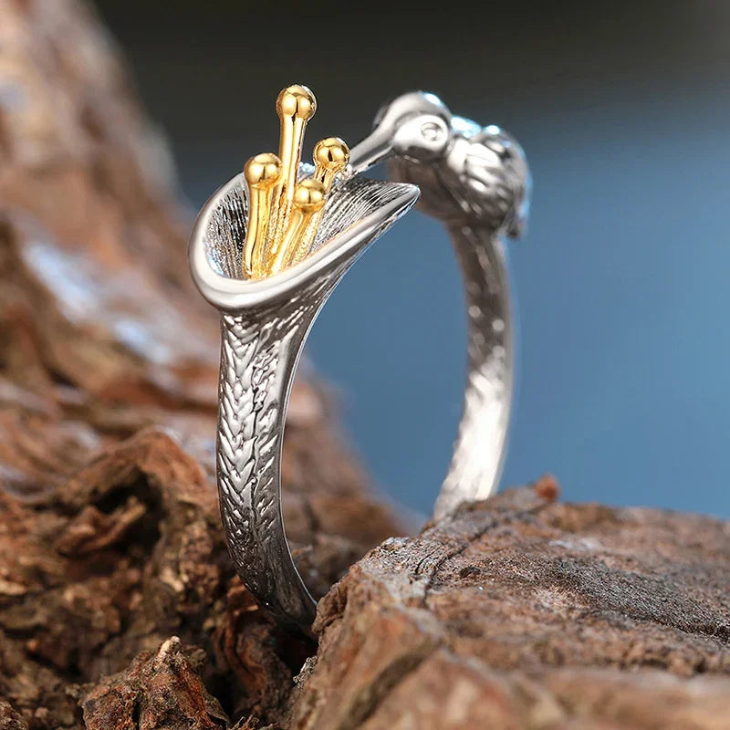 Huitan Two-Tone Bird & Flower Ring for Women | Brass Fashion Ring Fashion Ring Axl A203 resizable