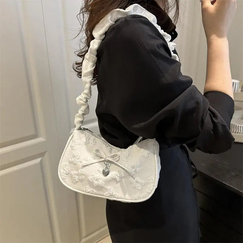 Bow Floral Pleated Crescent Crossbody Bag | Women's Handbag Crossbody Shoulder Bag Axl