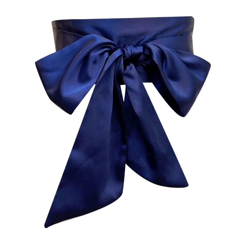 Women's Satin Bow Waist Belt – Wide Cummerbund Ribbon Strap Satin Waist Belt Axl Navy Blue