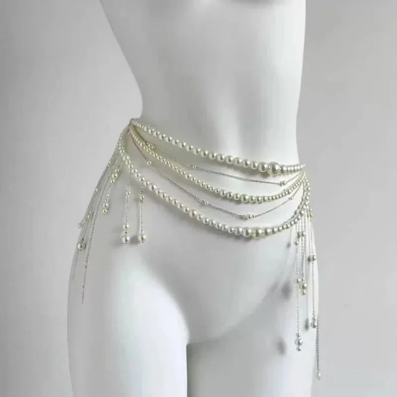 Multilayer Pearl Waist Chain Belt – Y2K Retro Women's Fashion Fashion Waist Belt Axl