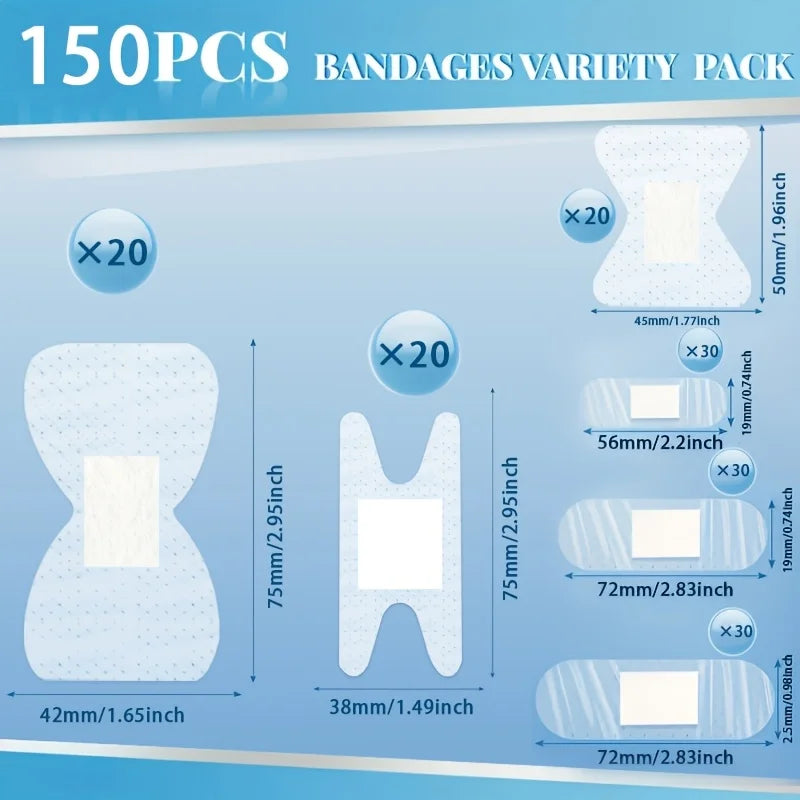 150pc Waterproof Adhesive Bandages – 6 Sizes for Fingers & Heels Adhesive Bandage Set Axl 150pcs-6 models