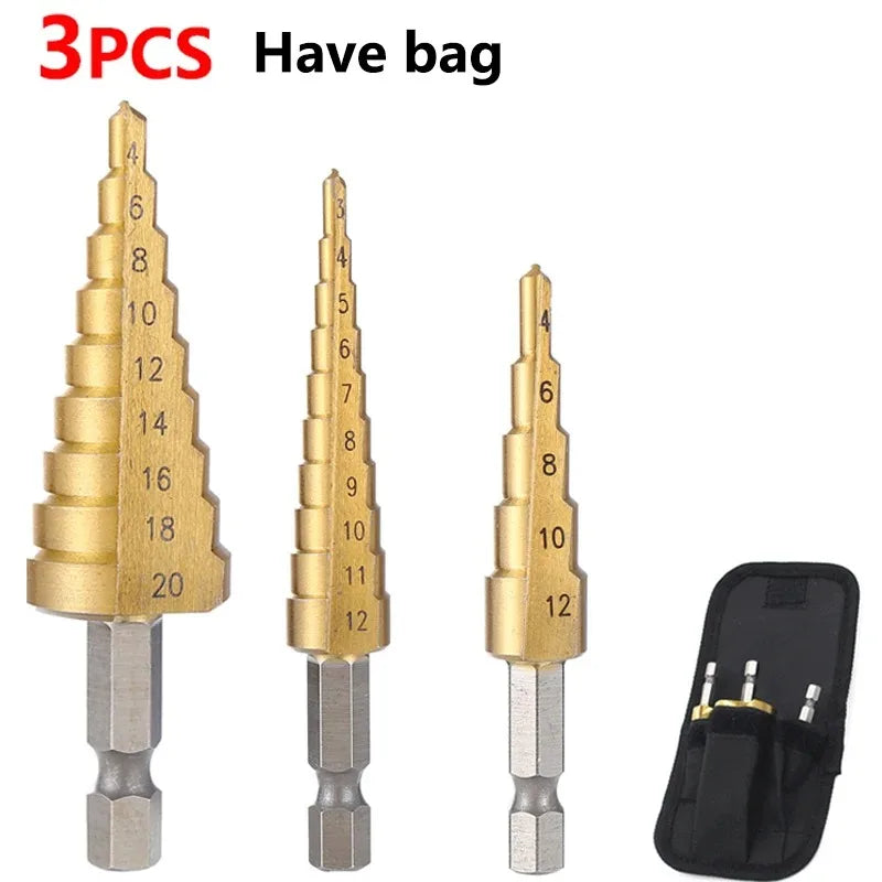 HSS Titanium Step Drill Bit 4-32mm Hex Shank Cone Cutter Step Drill Bit Axl 3PC 4-12 4-12 4-20